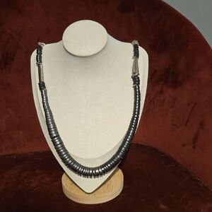 Vintage Chicos Long Grey Wood Beaded Necklace With Metal Bead Accents 💫